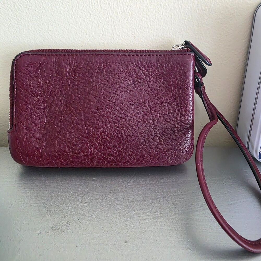 Coach Wristlet Wallet Double Corner Zip Maroon Red Leather Pouch Card Slots - Picture 2 of 11